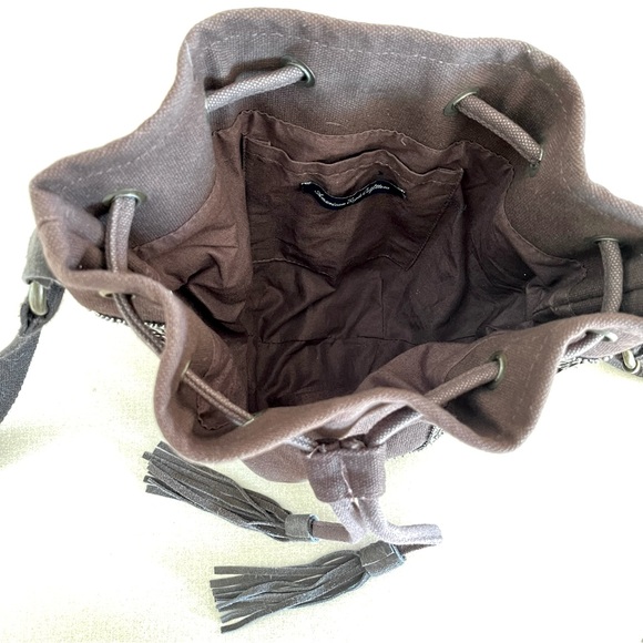 American Eagle Brown Canvas Bucket Drawstring Crossbody Bag with Suede Leather - Picture 10 of 11